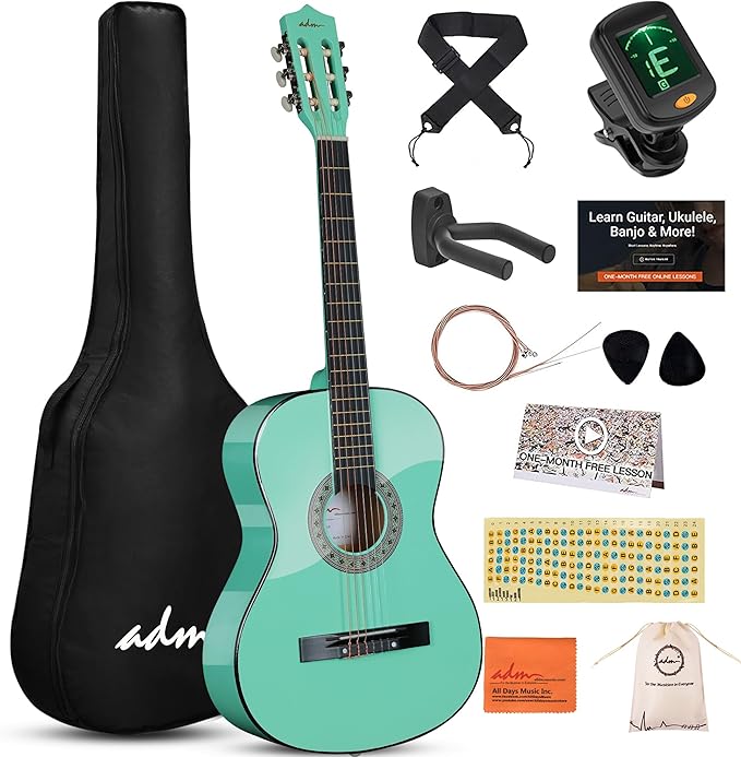 ADM Beginner Acoustic Classical Guitar 38 Inch Nylon Strings Wooden Guitar Bundle Kit for Kid Boy Girl Student Youth Guitarra Online Lessons with Gig Bag, Strap, Tuner, Strings, Cyan Green-CubbioJoy