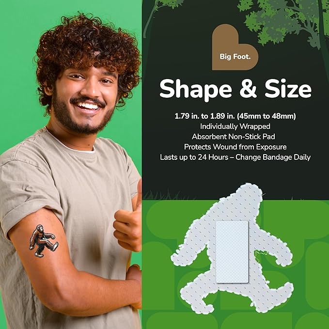 BioSwiss Bandages, Bigfoot Shaped Self Adhesive Bandage, Latex Free Wound Care, Fun First Aid Kit Supplies for Kids and Adults, 50 Count-CubbioJoy