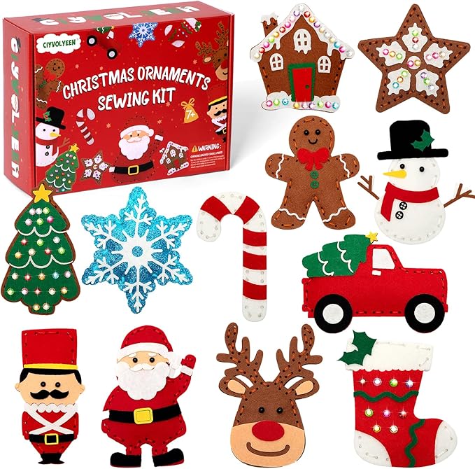 CiyvoLyeen Christmas Sewing Kit for Kids Felt Christmas Ornaments Craft Supplies DIY Activity for Girls and Boys Educational Sewing Gift for Child Set of 12-CubbioJoy