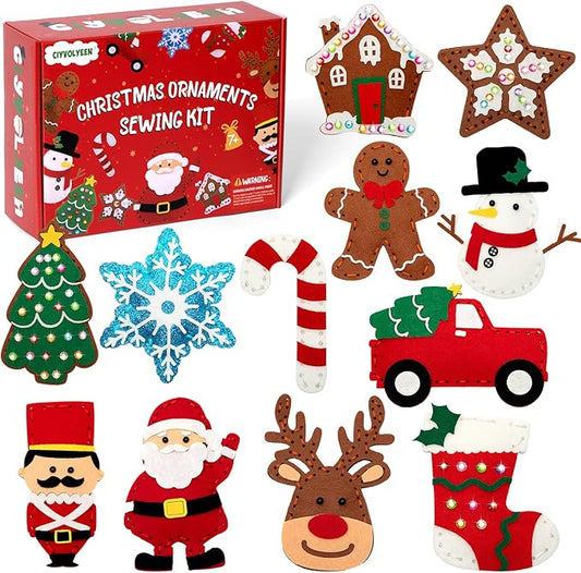 CiyvoLyeen Christmas Sewing Kit for Kids Felt Christmas Ornaments Craft Supplies DIY Activity for Girls and Boys Educational Sewing Gift for Child Set of 12-CubbioJoy