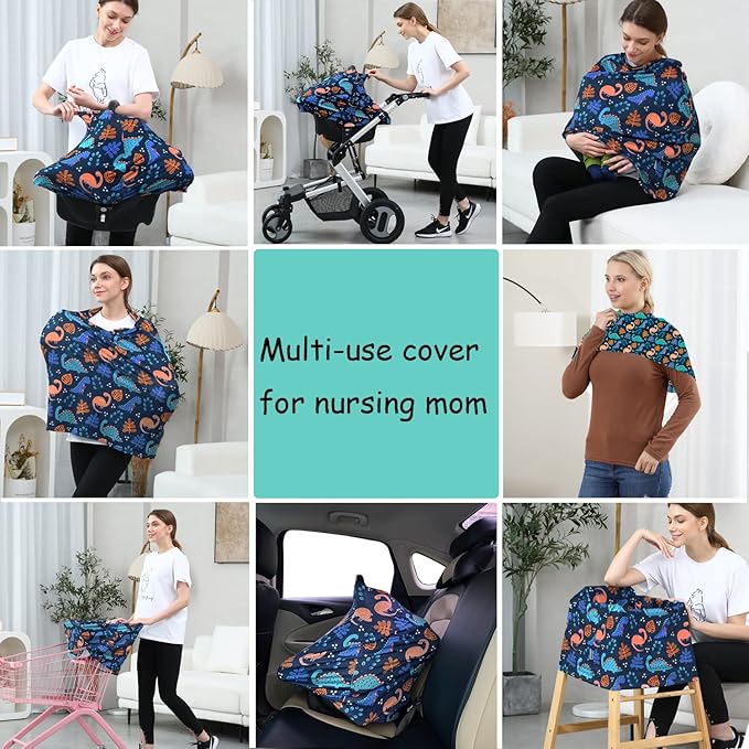 Car Seat Covers for Babies - Multi-use Carseat Canopy Cover Breastfeeding Covers, Stroller Canopy Cover (Navy Dinosaur)-CubbioJoy