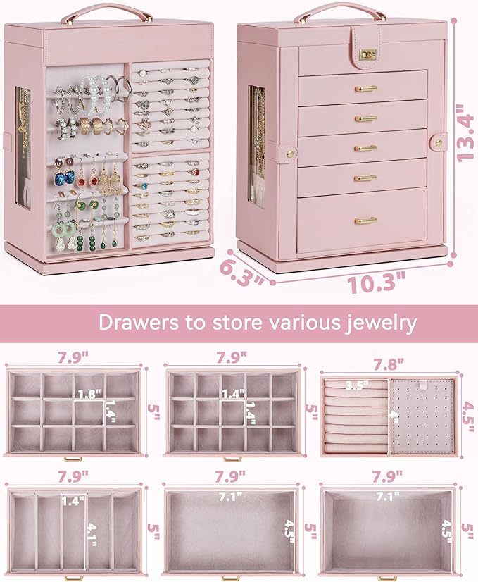 AKOZLIN 360° Rotating Jewelry Box 6-Tier Organizer Functional Jewelry Storage Case for Women Girls Ring Necklace Earring Bracelet Holder with Mirror Pink-CubbioJoy