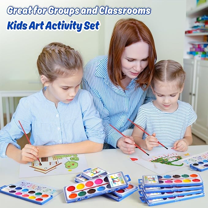 12 Packs Watercolor Paint Set Bulk, 12 Vibrant Colors Washable Watercolors with Brushes for Kids, Art Activities Painting Supplies for School Classroom Home