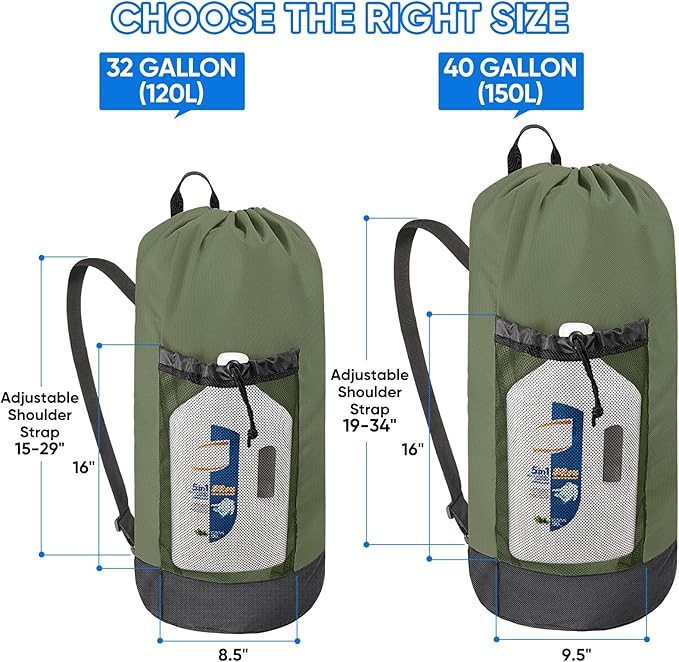 BALEINE 150L Laundry Bag Backpack, 900D Oxford Fabric Large Travel Laundry Bags with Shoulder Straps and 2 Mesh Pockets for College Dorm, Apartment, Laundromat (Green, 150L)-CubbioJoy