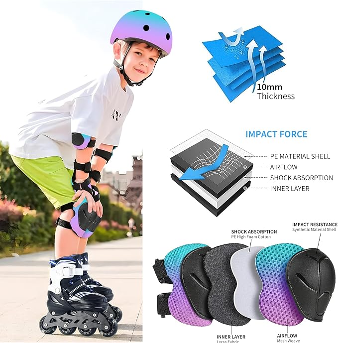 Adjustable Kids Bike Helmet with Knee & Elbow Pads Set, Color Gradient Design for Boys and Girls Aged 3-14+, for Skateboarding, Scooter, Roller & Inline Skating, Longboard-CubbioJoy