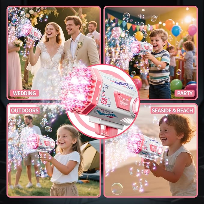 Bubble Gun, Upgraded 125 Holes Bubble Guns for Wedding, Pink Bubble Machine for Kids Age 3 4 5 6 7 8 9 10 11 12 Year Old, Big Bubble Blower Gun with Lights, Halloween Outdoor Party Favors-CubbioJoy