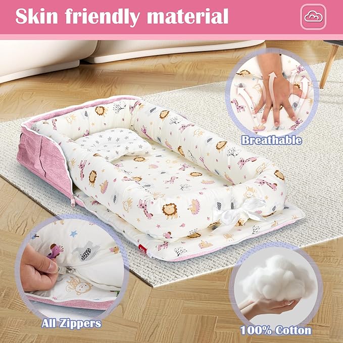 Baby Lounger for Tummy Time Portable,Baby Play mat with Strap,Newborn Lounger Inner Zipper for Boys Girls 0-24 Months,Animal World Pink-CubbioJoy