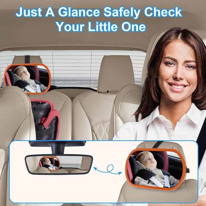 Baby Car Mirror, Safety Car Seat Mirror for Rear Facing Infant, Clear Wide View, 360°Rotation, Easily Observe the Baby Move, Secure, Shatterproof, Crash Tested and Certified(Orange)-CubbioJoy