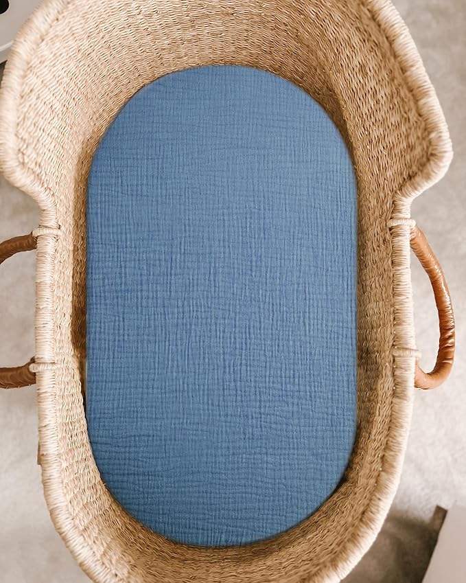 Bassinet Sheet for Baby Boy and Girl, Fitted Sheets for Rectangle, Oval, Hourglass Bassinet Mattress, Muslin Moses Basket Sheets with Neutral Style (Blue)-CubbioJoy