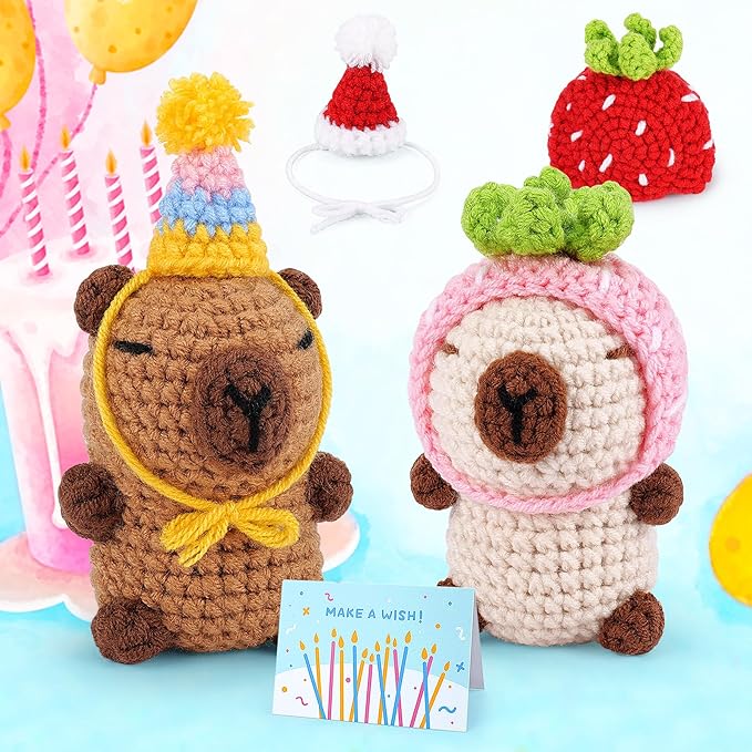 Crochet Kit for Beginners-2PCS Animals Brown and Beige Capybara Crochet Kit with Step-by-Step Video Tutorials, Stuffed Animal Knitting Kit for Adult Kids, Capybara Party Crocheting Kit for Birthday-CubbioJoy