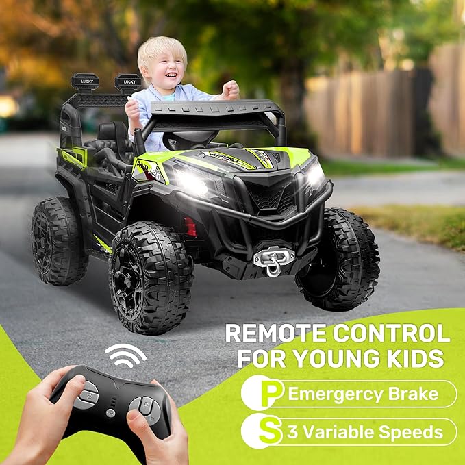 ANPABO 24V 4WD Ride on Car Truck w/Remote Control, 2WD/4WD Switchable Kids UTV, 4 Shock Absorbers, 19" Spacious Seat, Soft Start, Music Player, Electric Car for Kids-CubbioJoy