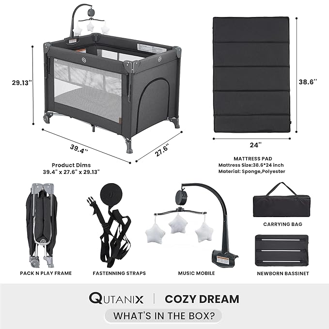 2-in-1 Pack and Play with Mattress,Baby Bassinet Bedside Sleeper, Bedside Bassinet & Baby Playpen, Easy Folding Portable Crib for Newborn to Toddlers (Dark Grey)-CubbioJoy