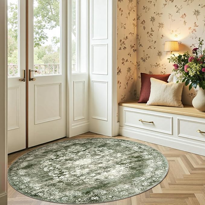 jinchan Round Rug 5ft Area Rug - Green Vintage Floor Mat Kitchen Indoor - Washable Circle 5' Thin Floral Print Carpet Retro Farmhouse Non Slip Dining Room Living Room Bedroom Office-CubbioJoy