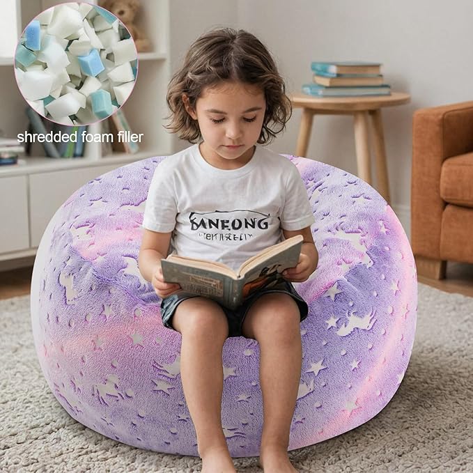 COMAX Kids Bean Bag Chair Turn into Beanbag Bed, Toddler Bean Chair for Girl Boy Sleeping, Lazy Children Bean Bags with Filler, Convertible Child Floor Mattress, Purple Unicorn-CubbioJoy