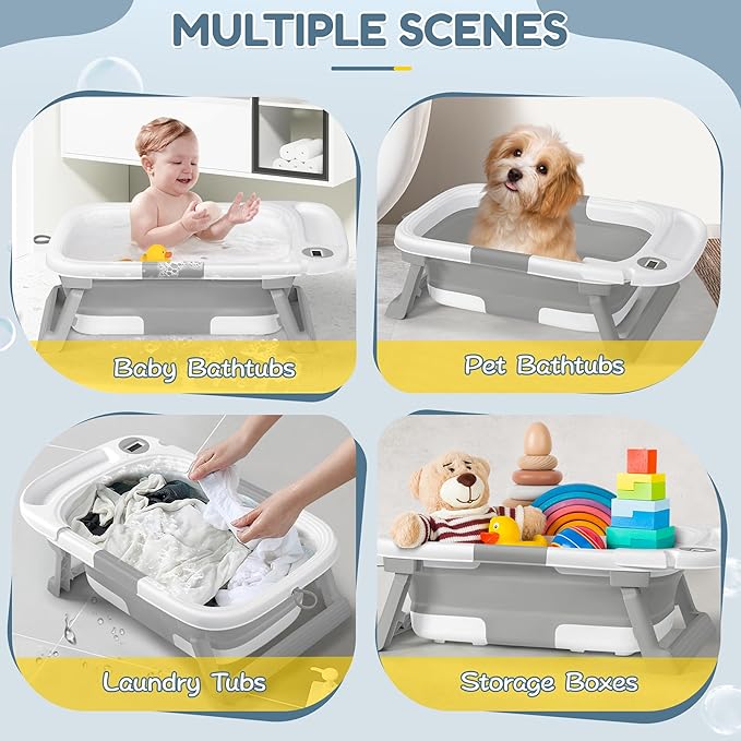 Collapsible Baby Bathtub,Baby Bath Tub with Thermometer & Soft Cushion,Baby Bathtub for Newborn to Toddler 0-36 Months,Portable Travel Baby Tub with No-Slip Feet,Baby Shower Gifts,Grey-CubbioJoy