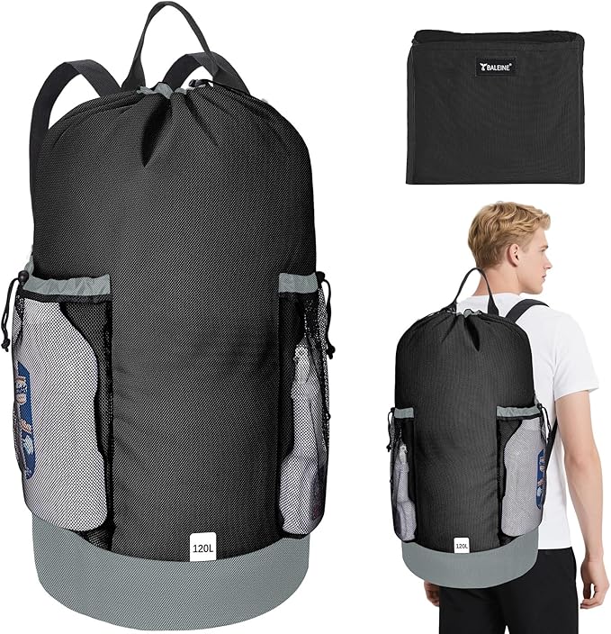 BALEINE 120L Laundry Bag Backpack, 900D Oxford Fabric Large Travel Laundry Bags with Shoulder Straps and 2 Mesh Pockets for College Dorm, Apartment, Laundromat (Black, 120L)-CubbioJoy