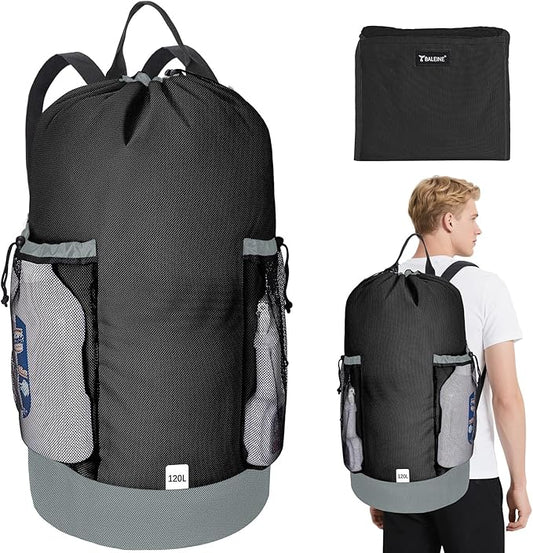 BALEINE 120L Laundry Bag Backpack, 900D Oxford Fabric Large Travel Laundry Bags with Shoulder Straps and 2 Mesh Pockets for College Dorm, Apartment, Laundromat (Black, 120L)-CubbioJoy