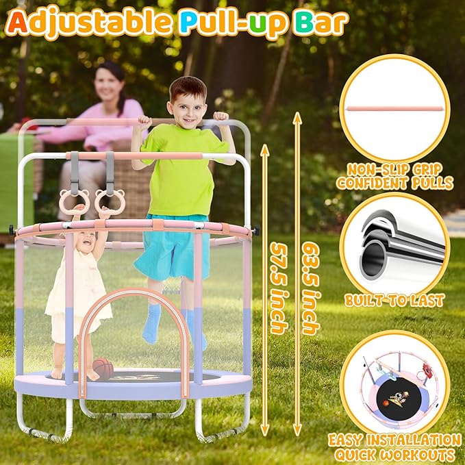 60'' Toddler Trampoline with Safety Enclosure Net, Trampoline for Kids Certified by ASTM USA 2-8 Year Old for Indoor, Lawn Garden-CubbioJoy