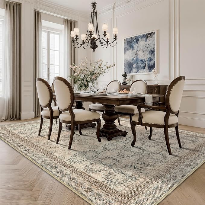 4x6 Area Rug for Bedroom Machine Washable, Non Slip Vintage Floral Kitchen Rugs for Dining Room, Rustic Indoor Floor Carpet for Nursery, Farmhouse, Office Classroom Beige/Pink/Orange-CubbioJoy