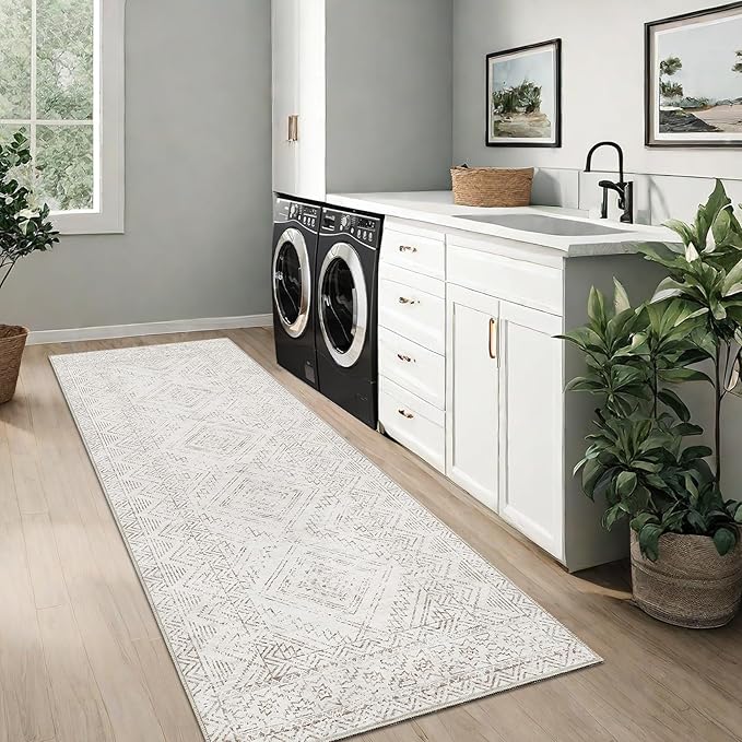 COZYLOOM Runner Rug 2x6 Living Room Washable Rugs Stain Resistant for Bedroom Soft Floor Carpet Non Slip Distressed Geometric Carpet for Dining Room Laundry Room Office, Ivory-CubbioJoy
