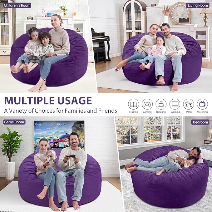 5FT Bean Bag Chair, Large Bean Bag Chairs with Memory Foam Filled, Fluffy Beanbag Sofa with Dutch Velvet Cover, Round BeanBag Chairs for Living Room, Playroom - Purple-CubbioJoy