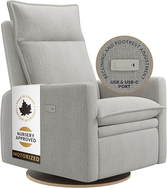 Arya Modern Nursery Chair Glider Recliner with 180° Swivel - Cozy Motorized Reclining Nursing Chair with USB Ports, Gentle Motion, Ergonomic Design, Canadian-Made (Silver Grey/Nubia Fabric)-CubbioJoy