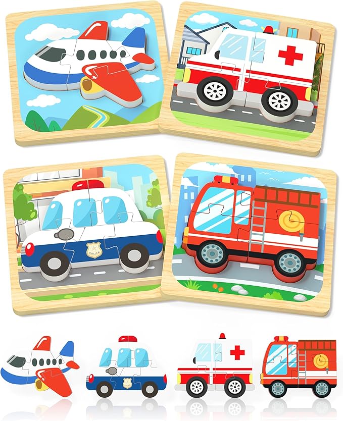 Benresive Wooden Toddler Puzzles, Montessori Toys for 1 2 3 Year Old Boys, Toys for 1 2 3 Year Old Boy Birthday Gifts, 4 Pack Vehicle Toddler Learning Educational Puzzles-CubbioJoy