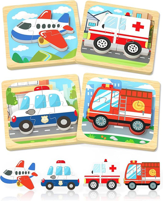 Benresive Wooden Toddler Puzzles, Montessori Toys for 1 2 3 Year Old Boys, Toys for 1 2 3 Year Old Boy Birthday Gifts, 4 Pack Vehicle Toddler Learning Educational Puzzles-CubbioJoy