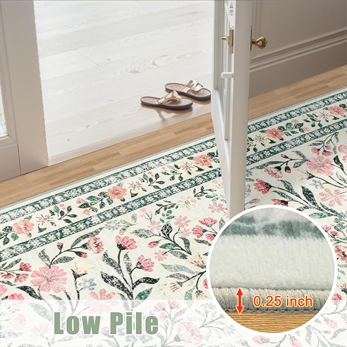 8x10 Area Rugs for Living Room: Floral Washable Rug Vintage Large Soft Boho Non-Slip Carpet Indoor Stain Resistant Low Pile Carpets for Bedroom Dining Room Farmhouse Nursery Home Office Green Beige-CubbioJoy