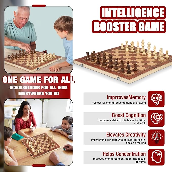 Chess Checkers Backgammon 3-in-1 Board Games Sets, Wooden Chess Set for Adults & Kids, 17.2" Lightweight Checkers Board Game,Strategy Backgammon Sets for Adults, Travel Chess Board Game Pieces Storage-CubbioJoy