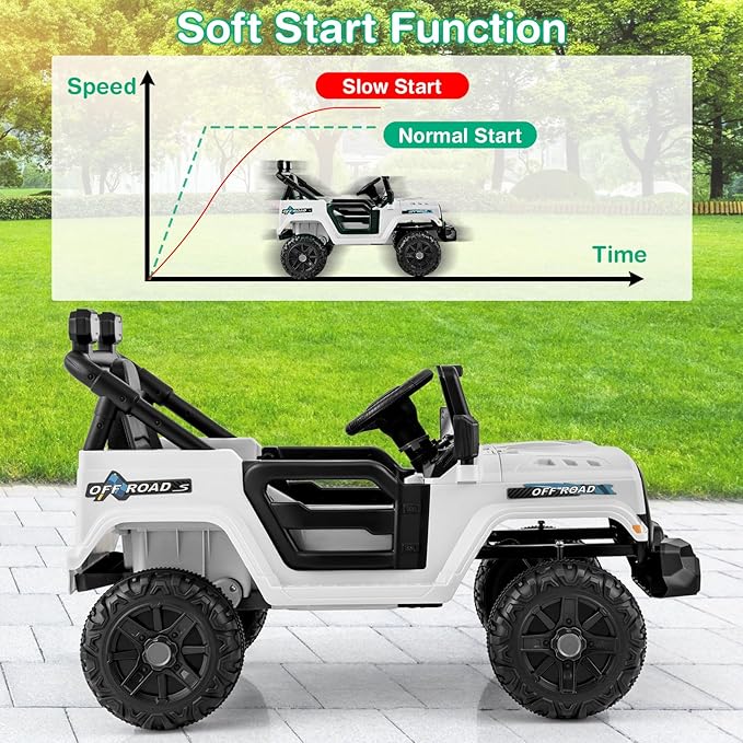 Costzon 12V Kids Ride on Truck Car, Electric Vehicle w/Remote Control, Threaded Wheels, 3 Speeds, LED Lights, Music, Horn & Wireless Connection, Battery Powered Ride on Toy for Boys & Girls 3+ (White)-CubbioJoy