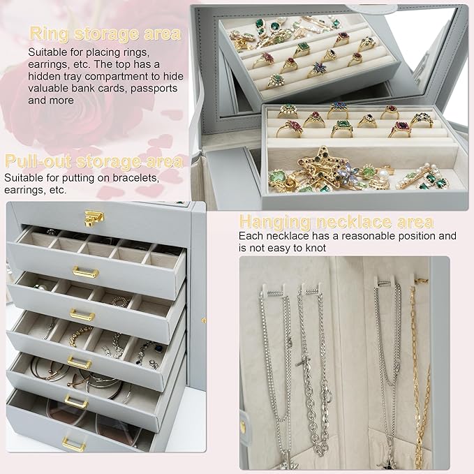 AKOZLIN Extra Large 6-Tier Jewelry Box Organizer Functional Huge, 5 Drawers Leather Jewelry Storage Case for Women Girls Ring Necklace Earring Bracelet Holder Organizer with Mirror Grey-CubbioJoy