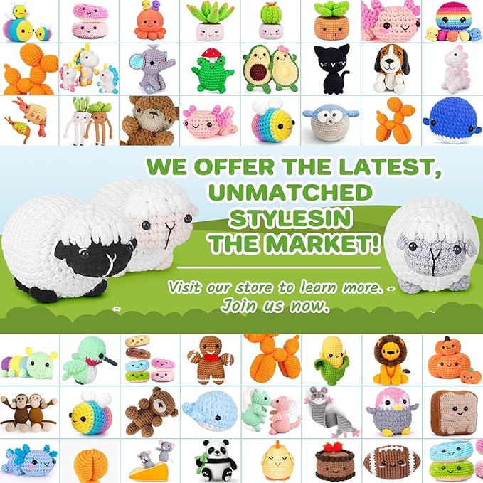 Crochet Kit for Beginners, Crochet Starter Kit with Step-by-Step Video Tutorials, Amigurumi Crochet DIY Knitting Supplies for Adults Kids, 3-Pack Little Lambs (40%+ Yarn)-CubbioJoy