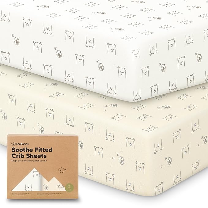 KeaBabies 2-Pack Organic Crib Sheets for Boys, Girls - 52x28 Fitted Crib Mattress Sheet Neutral, Breathable Jersey Cotton Cover for Baby Bed, Toddler Mattress, Soft & Cute Prints (Bumble Bear)-CubbioJoy