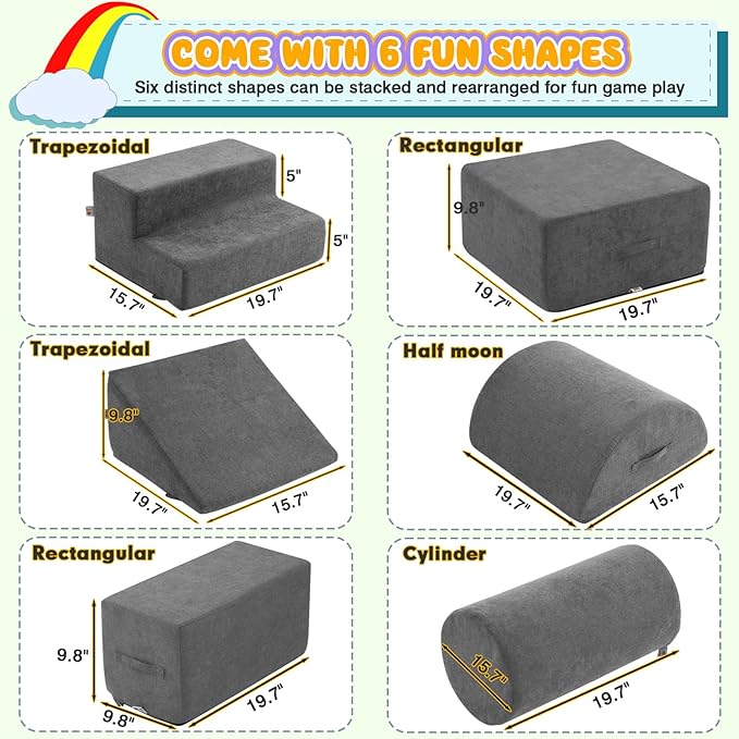 jela Foam Blocks 6Pcs Soft Play Equipment Luxury Miss Fabric, Toddler Climbing Toys Indoor Soft Play Climbing for Toddlers, Lightweight Climbing Blocks for Babies, Kids, Climb and Crawl Foam Playset-CubbioJoy