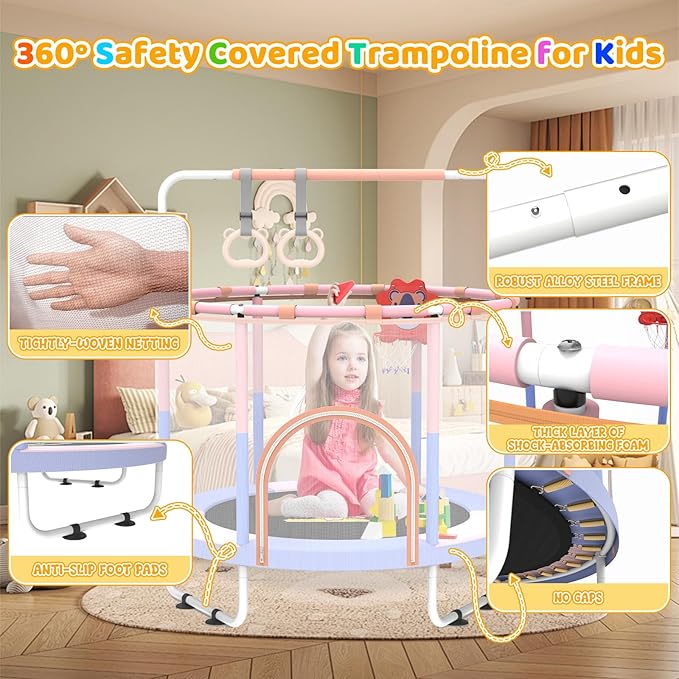 60'' Toddler Trampoline with Safety Enclosure Net, Trampoline for Kids Certified by ASTM USA 2-8 Year Old for Indoor, Lawn Garden-CubbioJoy