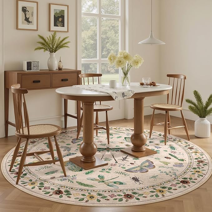 6ft Washable Round Rug - Bug Rugs for Living Room Non-Slip Low Pile Soft Ultra-Thin Machine Washable Circle Carpet for Bedroom, Entryway, Nursery, Kitchen, Home Office (6' Round Beige)-CubbioJoy