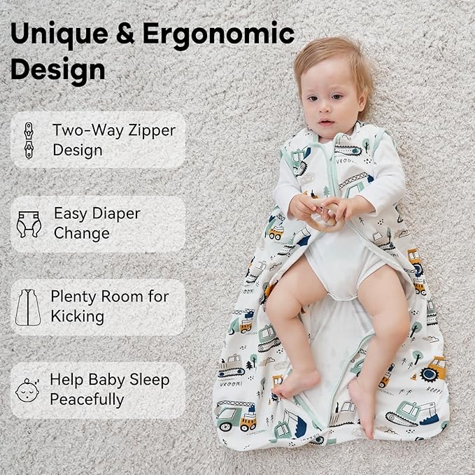 Baby Sleep Sack 18-24 Months 0.5 Tog Wearable Blanket Baby, 3 Pack 100% Cotton Lightweight Sleeping Sack with 2-Way Zipper for Infant Toddler Excavator-CubbioJoy