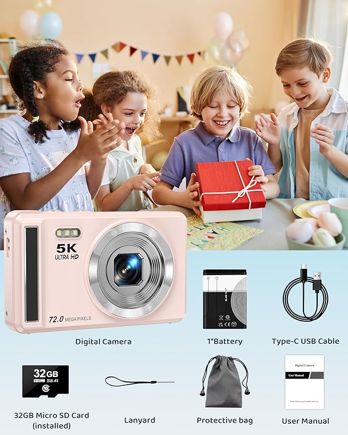 5K Digital Camera - 72MP UHD Digital Cameras for Photography - Autofocus Point and Shoot Small Camera with Flash for Kids - 2.8 Inch Screen Compact Portable Vlogging Camara with 16X Zoom, 32GB SD Card-CubbioJoy