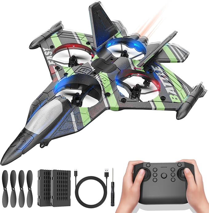 BEZGAR Drones for Kids | 2.4GHZ RC Plane, Remote Control Airplane, RC Helicopter, 360° Flip Fighter Jet Toy, Toys for Ages 8+ with Colorful LED Navigation Lights Green-CubbioJoy