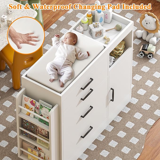 Bigbiglife Changing Table Dresser, Baby Nursery Dresser with 4 Drawers & 1 Cabinet & 3 Open Shelves Storage, Modern Diaper Changing Station for Children's Room, Changing Pad Included, White-CubbioJoy