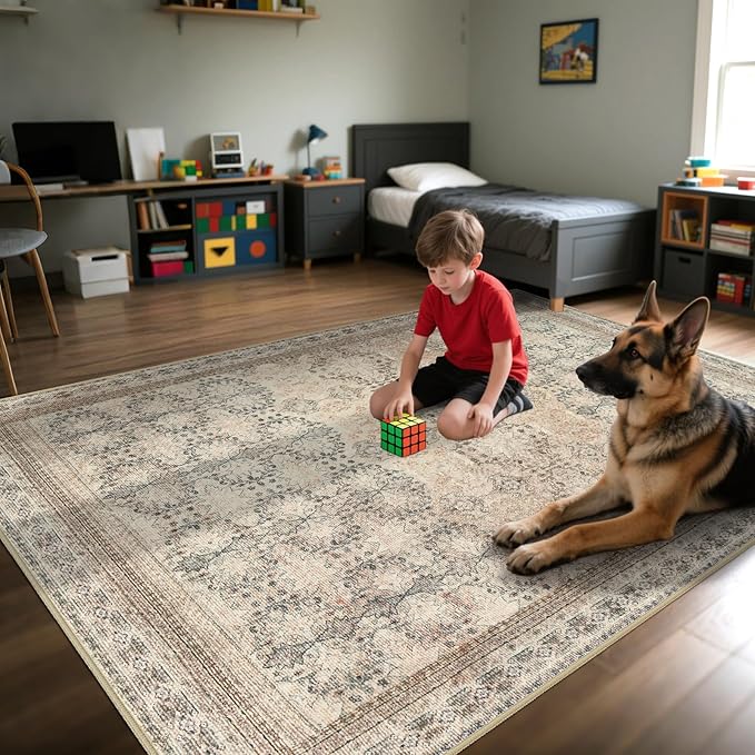 4x6 Area Rug for Bedroom Machine Washable, Non Slip Vintage Floral Kitchen Rugs for Dining Room, Rustic Indoor Floor Carpet for Nursery, Farmhouse, Office Classroom Beige/Pink/Orange-CubbioJoy