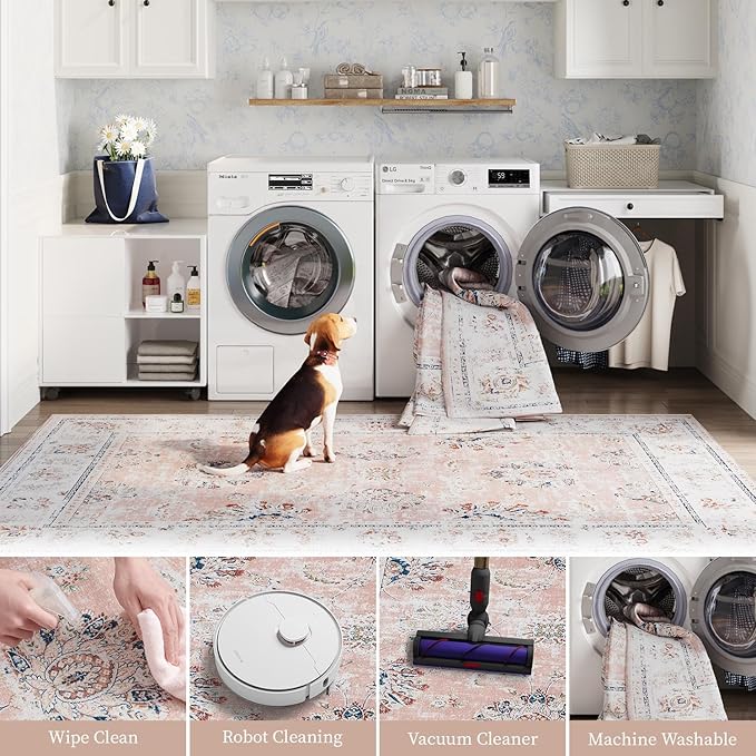 jinchan Hallway Runner Rug 3x8 Machine Washable Runner Rug Pink Vintage Floral Design Non-Slip Low Pile Ultra-Thin for Kitchen Laundry Room Bedroom Farmhouse (3‘x8',Pink)-CubbioJoy