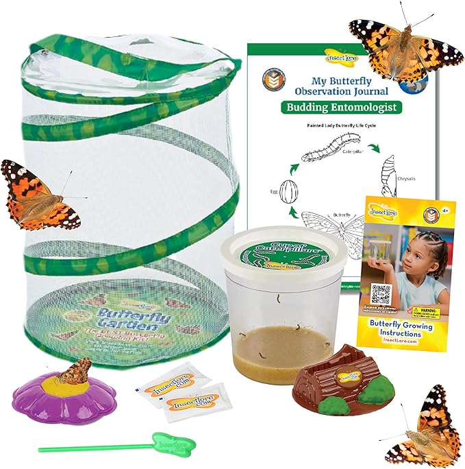 Insect Lore Butterfly Garden with 5 Live Baby Caterpillars - STEM Activity Journal, Habitat, Chrys-A-Lid Holder and Feeder Included | Raise and Release Painted Lady Butterflies-CubbioJoy