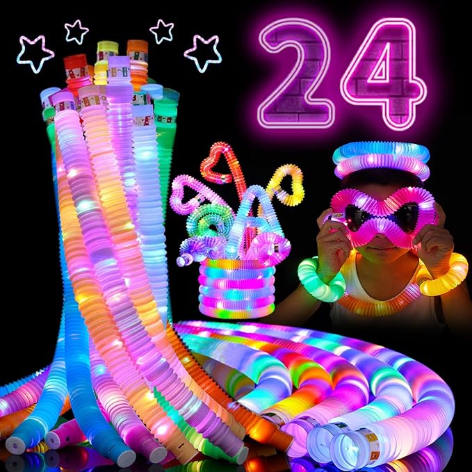 24 PCS LED Pop Tubes, Light Up Glow Tubes, Glow in the Dark Party Supplies, Sensory Toys Birthday Party Favors for Kids, Light Up Toys-CubbioJoy