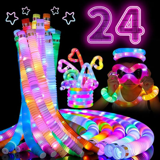 24 PCS LED Pop Tubes, Light Up Glow Tubes, Glow in the Dark Party Supplies, Sensory Toys Birthday Party Favors for Kids, Light Up Toys-CubbioJoy