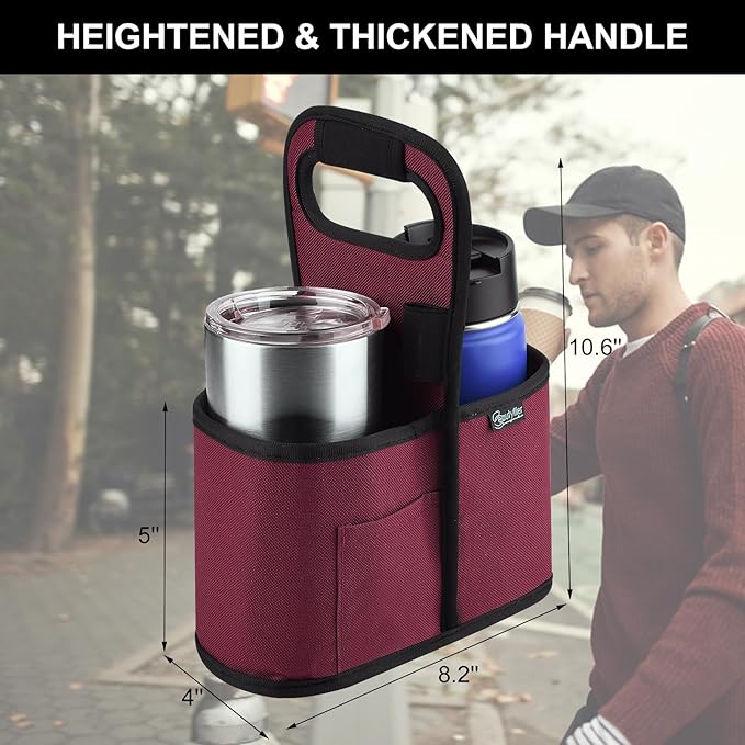 Beautyflier Drink Carrier with Handle for Delivery Reusable Insulated Coffee Cup Carrier Portable 2 Cup Holder with Handle Organizer Tote Bag for Hot & Cold Drinks, Red-CubbioJoy