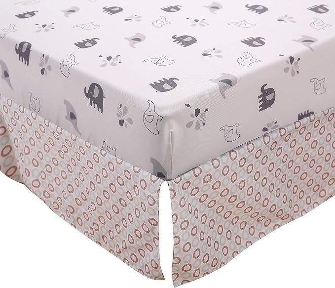 6 PCs Grey White Elephant Nursery Crib Bedding Set Quilt, Fitted Sheet, Skirt, Window Valance, Blanket, Diaper Organizer Baby Boy Elephant Theme Cot Bedding Set-CubbioJoy
