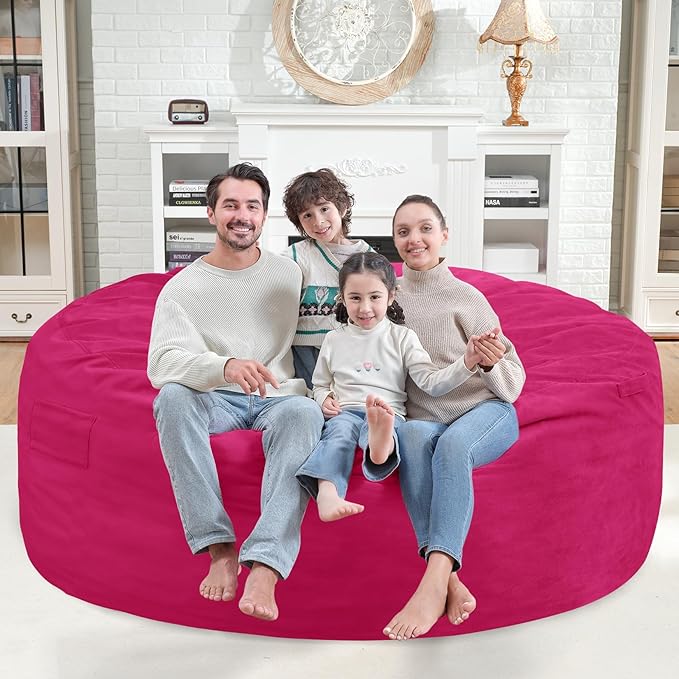 6FT Bean Bag Chair, Large Bean Bag Chairs with Memory Foam Filled, Fluffy Beanbag Sofa with Dutch Velvet Cover, Round BeanBag Chairs for Living Room, Playroom - Pink-CubbioJoy