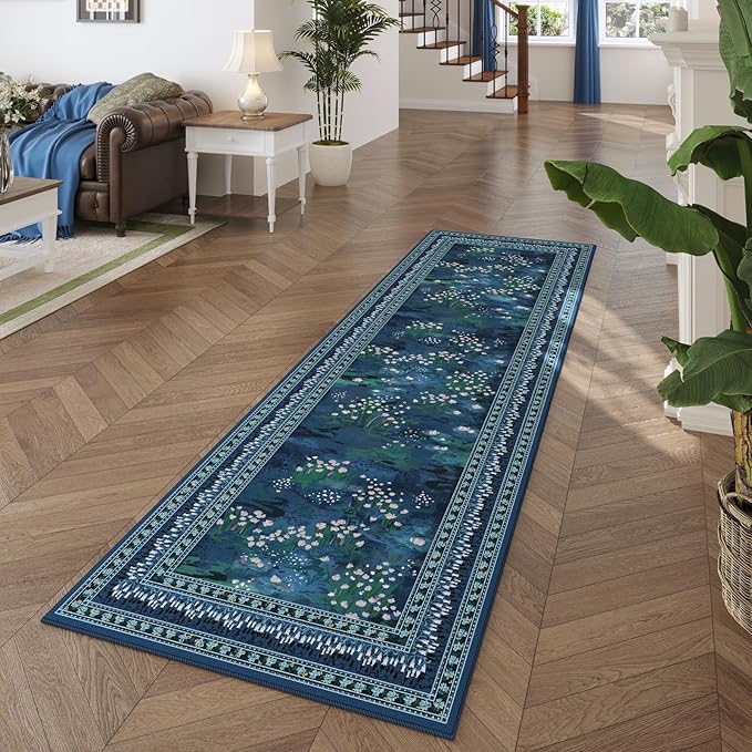 2x6 Runner Rug Impressionist-Style Vintage Kitchen Rugs Non Slip Washable Soft Carpet Runner for Kitchen Laundry Bedroom Bathroom, Blue-CubbioJoy